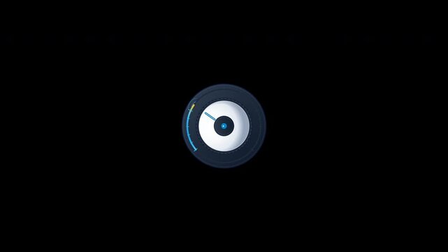 Flat vector UI rotary dial control knob with rotating pointer and radial volume level indicator in seamless loop on transparent background.