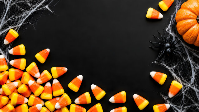 Halloween candy corn border with pumpkin and spider web on black background