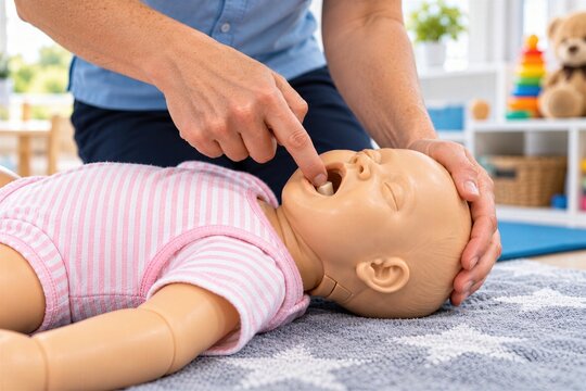Infant Airway First Aid Training on Baby Manikin, Mouth Check Technique, CPR Education, Choking Response and Pediatric Emergency Care Concept
