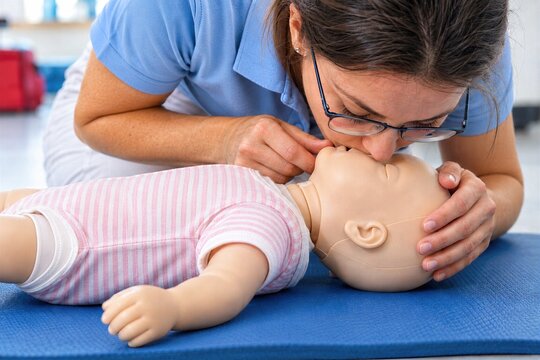 Woman Performing Infant CPR Rescue Breathing on Baby Manikin, First Aid Training, Emergency Response and Pediatric Lifesaving Skills Concept