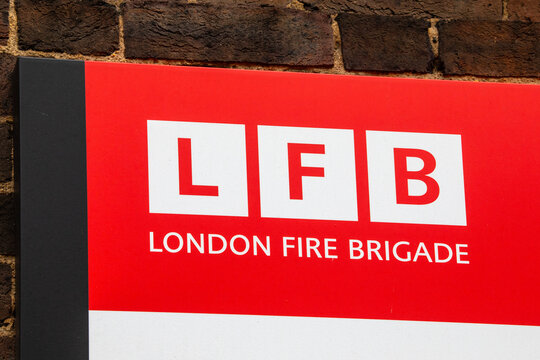 London Fire Brigate Sign at Whitechapel Fire Station in London, UK