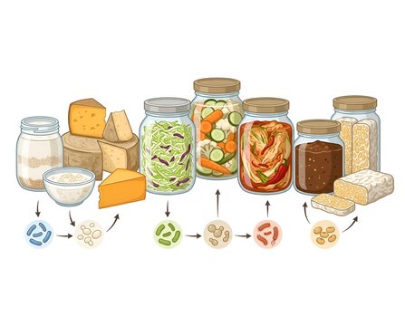 A comprehensive vector illustration displaying various fermented foods such as cheese, pickles, kimchi, and tempeh with their corresponding beneficial microorganisms
