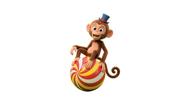 Cheerful 3D cartoon monkey wearing a top hat sitting on a colorful striped circus ball