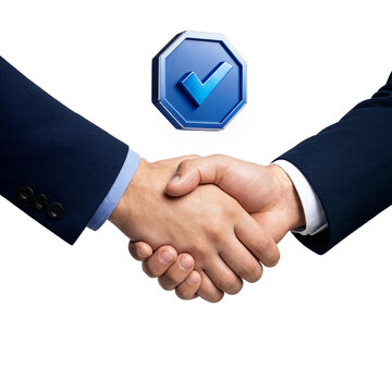 Two business people shaking hands with a blue check mark icon isolated on white