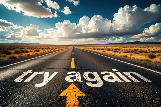 Motivational text try written on asphalt road. Empty highway stretches toward horizon under bright cloudy sky. Concept of perseverance, success, new beginnings on long journey. Inspiring message for