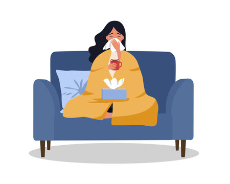 Sick woman with flu covered with warm blanket sitting on sofa , holding cup with hot tea in hand and taking temperature orally. Flat cartoon modern trendy style.Vector illustration character icon
