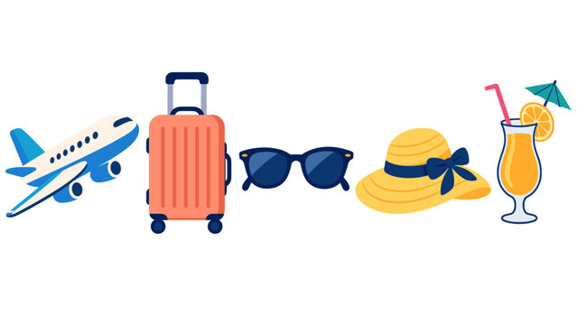 Flat summer travel illustrations with airplane and suitcase