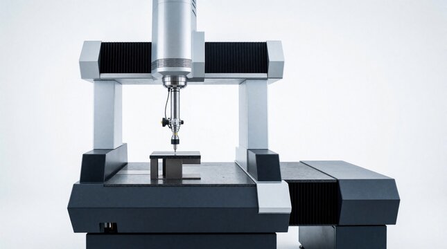 High performance coordinate measuring machine CMM inspects metal part in industrial lab. Precision sensor probe measures dimensions of engineering component for quality control. Automated tech device