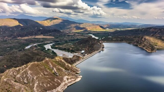 El Quimbo Hydroelectric Dam on the Magdalena River in Huila, Colombia. Time Lapse. Establishing Shot. Aerial View.