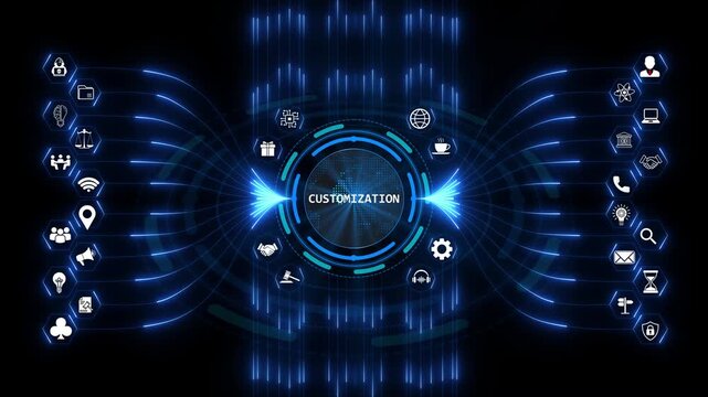 Customization concept on digital dashboard with glowing blue icons and networking lines representing personalization and advanced technology systems.
