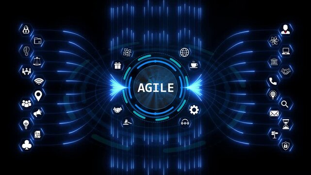 Agile methodology represented as a glowing digital hub connecting various business icons for flexible project management in a high-tech space.