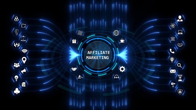 Affiliate marketing network display on glowing cyber interface with digital referral program connecting diverse business icons on black background.