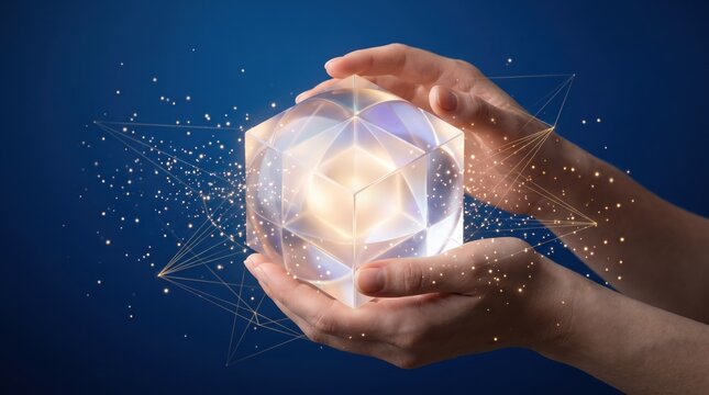 Hands holding a glowing geometric crystal cube with digital network lines and sparkling particles, representing advanced technology, artificial intelligence, blockchain
