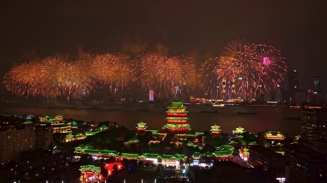 Beautiful fireworks and the night view of the ancient Tengwang Pavilion in Jiangxi