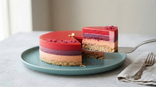 A slice of vibrant multilayered berry mousse cake being lifted from a plate