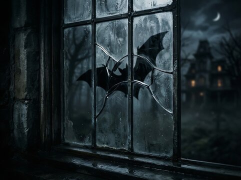 IA generated spooky halloween window with silhouettes of flying bats behind frosted glass bars in eerie dark atmosphere.