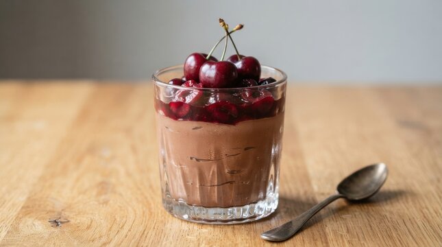 A glass of chocolate mousse topped with fresh cherries on a wooden table