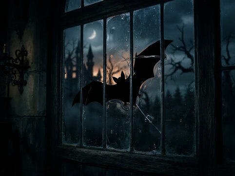 IA generated spooky halloween window with silhouettes of flying bats behind frosted glass bars in eerie dark atmosphere.