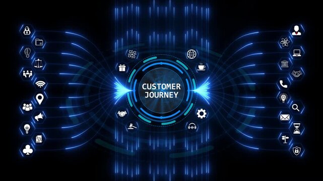 Customer journey map displayed as digital marketing funnel, showing user experience strategy, business management workflow, and buying process cycle