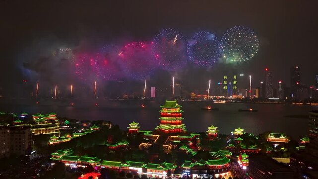 Beautiful fireworks and the night view of the ancient Tengwang Pavilion in Jiangxi