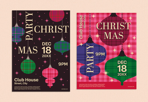 Christmas Party Poster Layout with Christmas Baubles and Stars