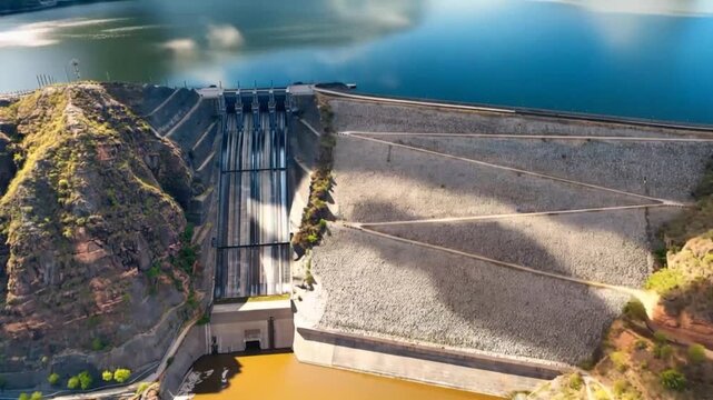 El Quimbo Dam Hydroelectric Energy Infrastructure on the Magdalena River in Colombia. Time Lapse. Establishing Shot. Aerial View.