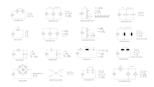Vector set of 16 basic electrical circuit diagrams with formulas, including resistor, capacitor, inductor, RC filter, RLC, voltage divider, Wheatstone bridge and Kirchhoff&rsquo;s law, IEC symbols