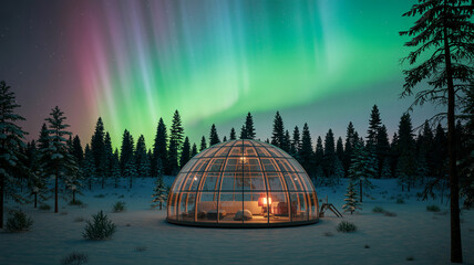 Glass Igloo Under Northern Lights Displaying Stunning Aurora Borealis Colors © Ayesha