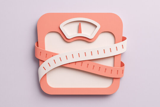 Pink bathroom scale with measuring tape wrapped around it, symbolizing weight loss, diet, and fitness goals on soft lavender background