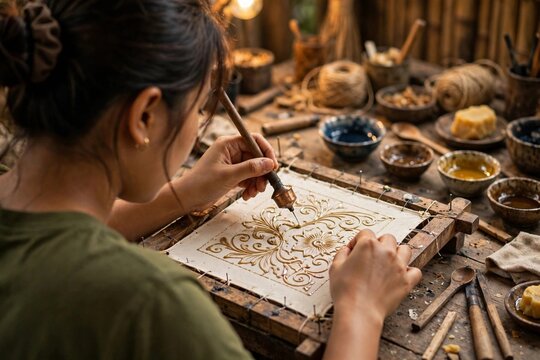 Young Indonesian woman batik artisan applying hot wax with canting tool on fabric in traditional workshop