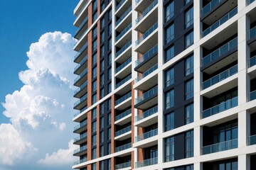 Fototapeta premium Modern high rise apartment building with many balconies, large glass windows. Contemporary residential skyscraper stands against blue sky with massive white clouds. Luxury urban housing architecture