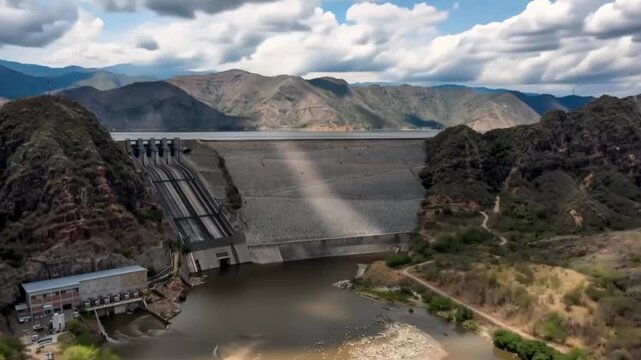 El Quimbo Hydroelectric Dam on the Magdalena River in Huila, Colombia. Time Lapse. Establishing Shot. Aerial View.