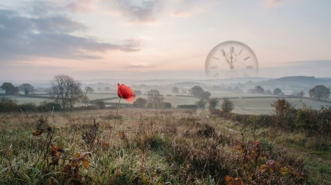Red poppy flower isolated in misty morning field landscape featuring ghostly vintage clock overlay for remembrance concepts.