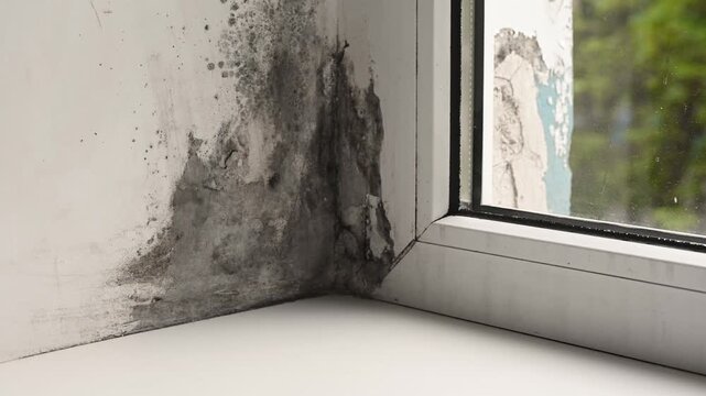 Black mold grows on white wall near plastic window in damp room. Fungal contamination spreads across surface creating unhealthy condition. Mold damages interior requiring proper ventilation.