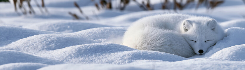 Naklejka premium Arctic fox curled up sleeping on soft snow in bright winter landscape