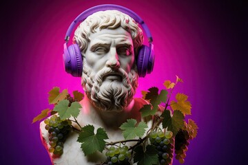 Naklejka premium Classical marble bust wears modern purple headphones. Antique white statue decorated with green grapevine, fresh grapes. Creative fusion of ancient greek art, contemporary audio tech. Surreal pop art