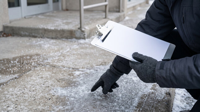 Winter maintenance worker inspecting icy pavement with clipboard
