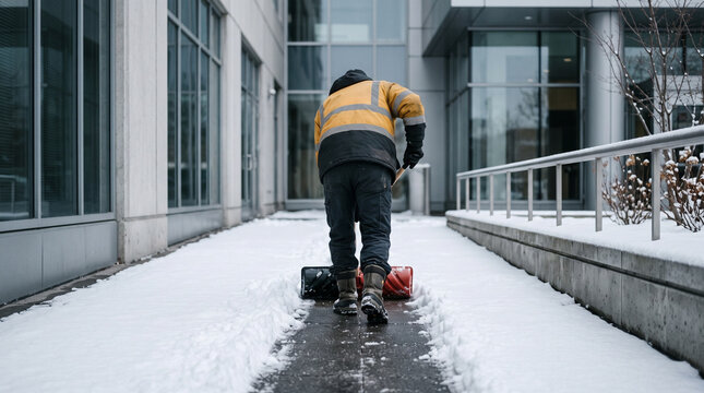 Maintenance worker clearing snowy walkway outside office building