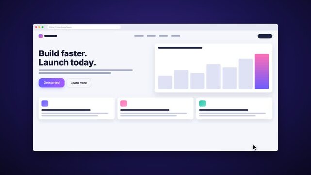 A sleek motion graphic of a modern website UI/UX design featuring animated bar charts, buttons, and text on a clean browser interface. Ideal for SaaS and tech presentations.