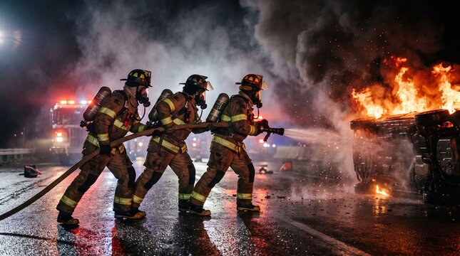 Firefighters in full protective gear battle burning overturned car on highway at night spraying water hose line during dramatic emergency rescue after traffic accident