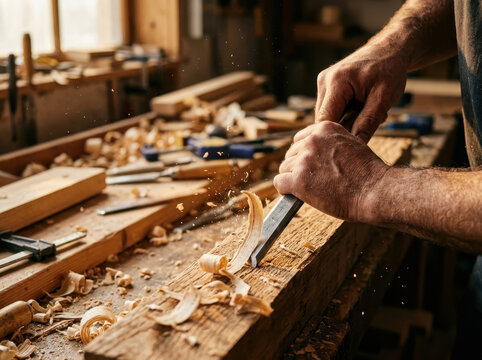 Carpenter hands carving wood with chisel on workbench in vintage workshop, woodworking craftsmanship