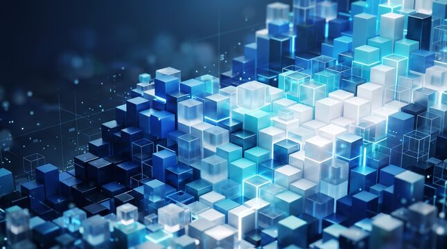 Abstract technology background with glowing blue cubes and data points