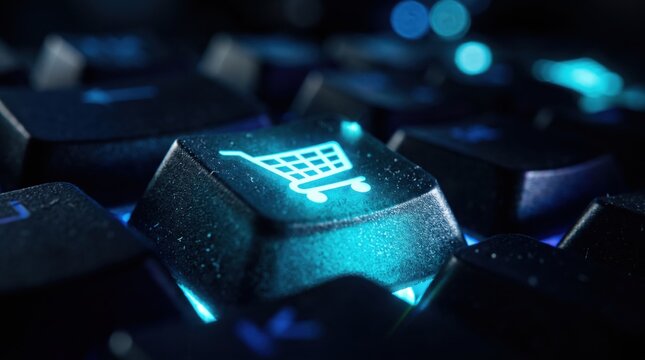 Closeup of a computer keyboard key with a glowing shopping cart icon, symbolizing online shopping, ecommerce, and digital retail technology