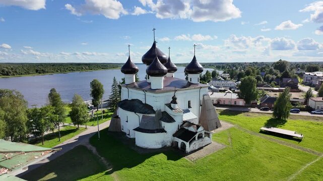 Aerial view of Nativity of Christ Cathedral in Kargopol, Russia
