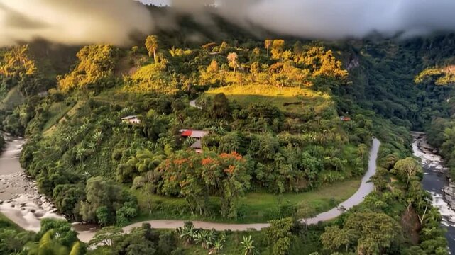 Estrecho del Magdalena with Magdalena River Flowing through Green Mountain Canyon in San Agustin, Colombia. Time Lapse. Establishing Shot. Aerial View.