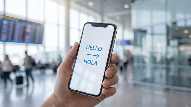 Person holding smartphone with translation app translating hello to hola in airport terminal