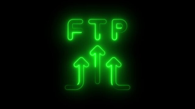 green neon ftp text sign with upward arrows isolated on transparent background for web design