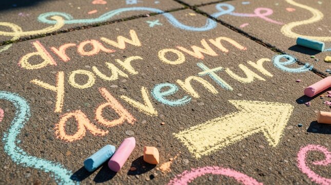 Colorful chalk drawing on concrete sidewalk says draw own adventure. Bright text, arrows motivate kids to play. Scattered pastel chalk pieces lie on grey pavement during summer outdoor activity.