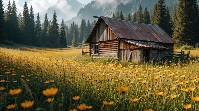 Old wooden cabin with rusty metal roof stands in field of yellow wildflowers. Rustic hut surrounded by green grass, pine forest near mountains. Peaceful rural landscape view during summer day in