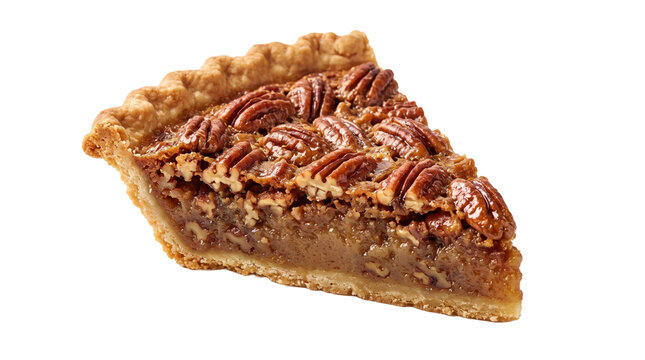 Slice of pecan pie with rich filling and crust on a transparent background
